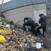 <p>Newark police take Raul DeJesus into custody on an embankment next to a westbound Route 280 overpass.</p>