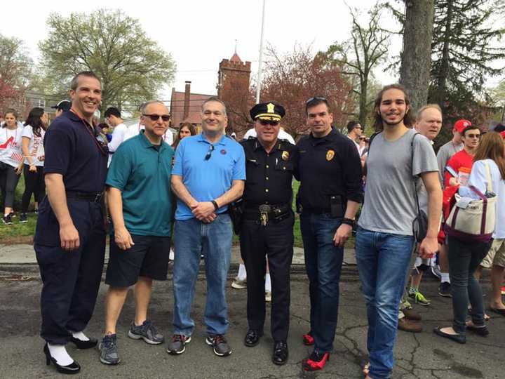 Trumbull Chief Michael Lombardo and area police chiefs participated in the Walk a Mile in Her Shoes event in Fairfield Saturday morning.