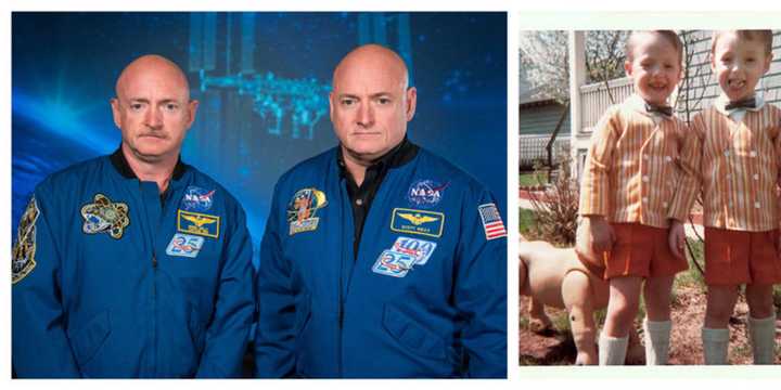 Mark Kelly (with mustache) and Scott Kelly. On the right, the two are seen in 1967; Scott Kelly stands on the right in the older photo.