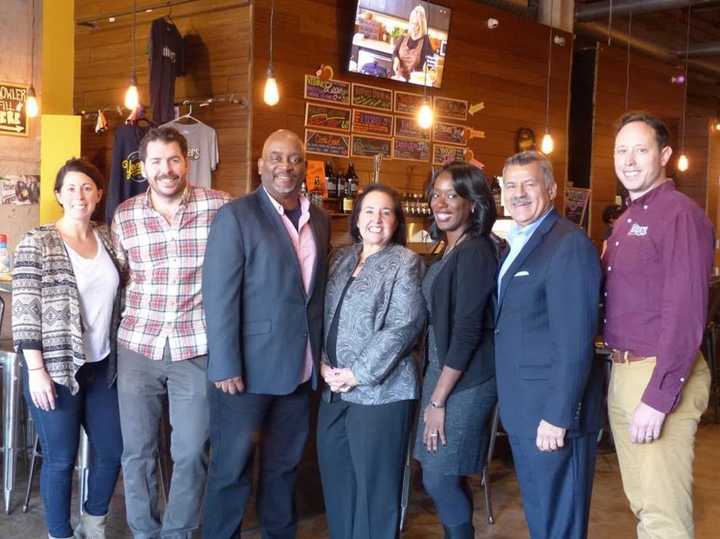 (L-R) Jackie Rubbo, Yonkers Brewery; Nick Califano, Yonkers Brewery; Raul Collado, Clason Point Partners Inc.; Beth Goldberg, SBA; Jennifer Jackson, SBA; Albert Cruz, Clason Point Partners Inc.; and John Rubbo, Yonkers Brewery.