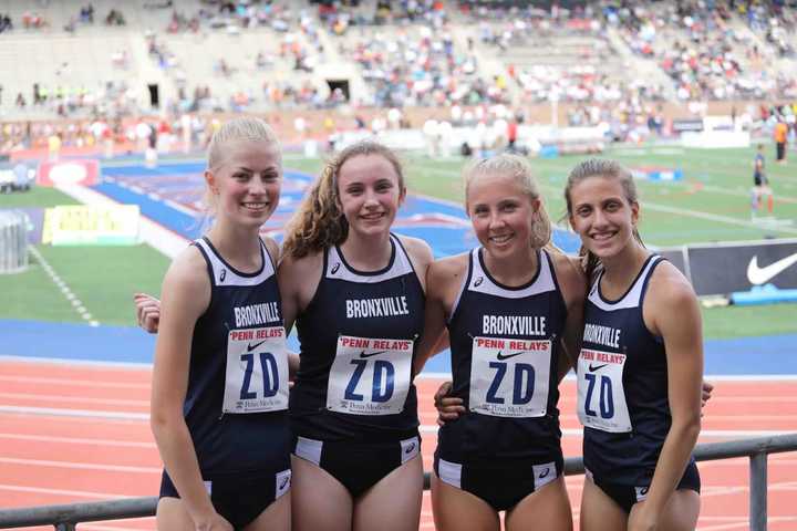 Bronxville High School students Caroline Brashear, Eve Balseiro, Laura Holland and Kaitlin Ryan at the Penn Relays.