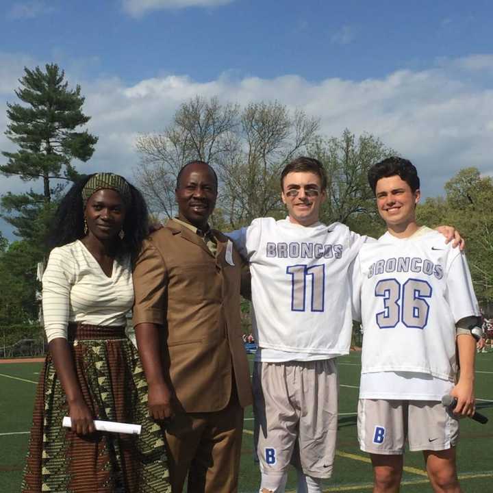 Bronxville High School seniors Nicholas O’Brien and Mac Crawford with two teachers from MainSprings during their May 7 lacrosse game.