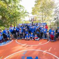 <p>Children from the Westchester School pose with Knicks Assistant GM and Westchester Knicks GM, Allan Houston, current Knicks Sasha Vujacic,  Justin Holiday, Kyle O’Quinn and Courtney Lee as well as the Rollin Knicks.</p>