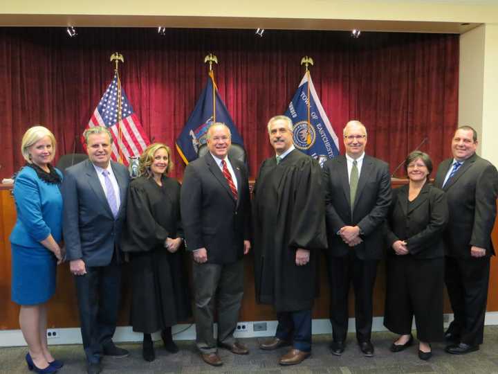 Eastchester Town Clerk Linda Laird, Councilman Glenn Bellitto, Judge Janet Calano, Supervisor Anthony S. Colavita, Judge Fred Salanitro, Councilman Joe Dooley, Councilwoman Theresa Nicholson and Receiver of Taxes Rocco Cacciola.