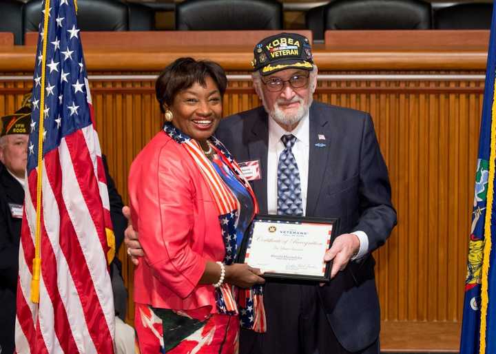New York State Sen. Andrea Stewart-Cousins with Korean War veteran Harold Dworetzky