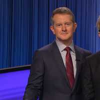 <p>Syosset High School teacher Dan Wohl (right), pictured with host Ken Jennings, will compete on a second episode of Jeopardy! set to air Thursday, Feb. 9 on WABC.</p>