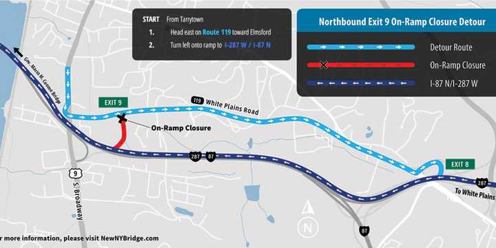 A map of the upcoming lane and ramp closures near the new Tappan Zee Bridge.