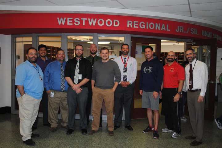 From left Emilio Prisco, Dan Pena, Keith DeBlasio, James Thomas, Tom Jarusiewicz, James Lawrence, Jr./Sr. High School Principal Frank Connelly, Rob Glander, Mike Attanasio, and Charles Collis.