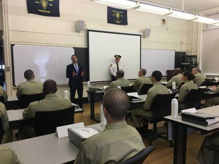 Mayor Joe Ganim and Chief AJ Perez address the new police recruits.