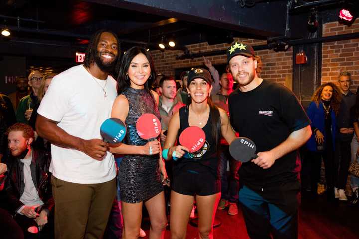 From left to right: New England Patriots Player Matthew Judon, Influencer Soo Yeon Lee, Professional Ping Pong PLayer Malin Pettersson, Boston Bruins Player David Pastrnak