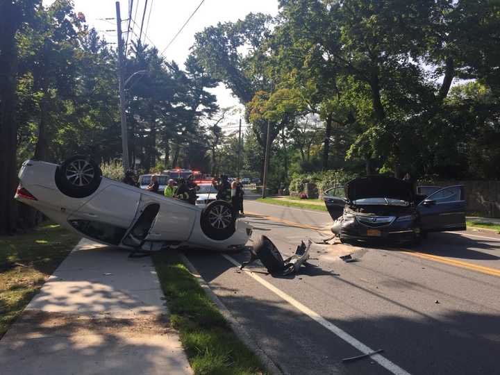 Two cars crashed into each other on Weaver Street in Larchmont.