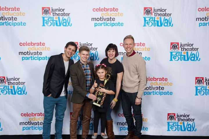 Tony-nominated composer Benj Pasek, Broadway performer Andrew Keenan-Bolger, New York All Stars Fitness and Performing Arts student Lili Link, New York All Stars Fitness and Performing Arts educator Sarah Waxman accepting the award for group.