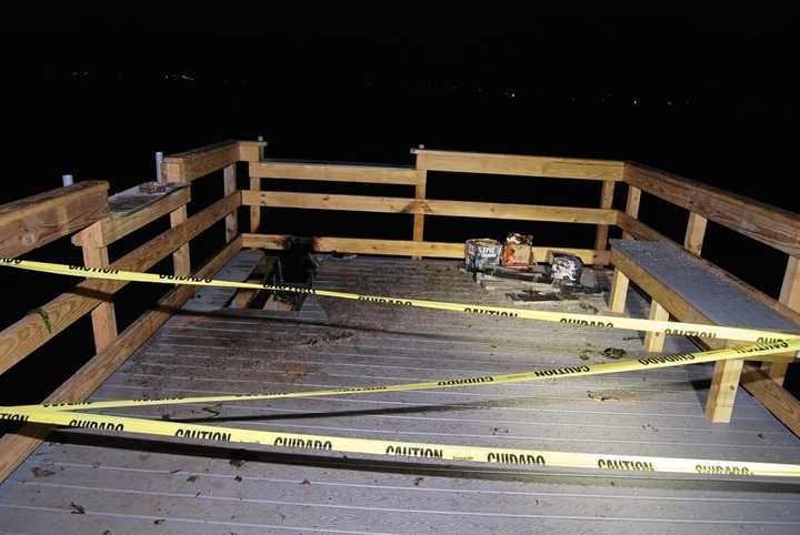 A dock on Long Island suffered extensive damage after fireworks were set off on it.