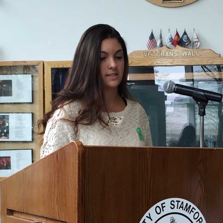 Westhill High School Senior Ariana Venneri speaks during a Mental Health Awareness Month event Monday.