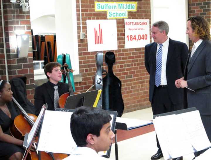 Suffern Schools Superintendent Douglas Adams with students.