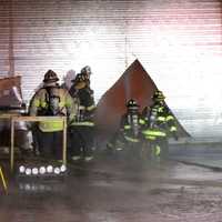 <p>Firefighters battle blaze at Arzee Building Supply Company on Franklin Turnpike in Mahwah.</p>