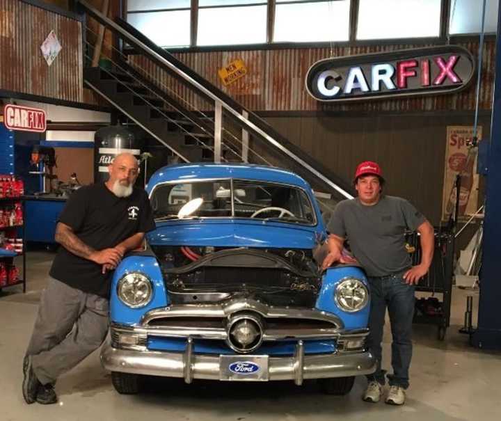 Chuck Wanamaker III, right, with his 1950 Ford Coupe, and co-host Lou Santiago on the set of &quot;Car Fix&quot; in Florida.