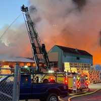 <p>Scene from the West Easton warehouse fire on April 4.</p>