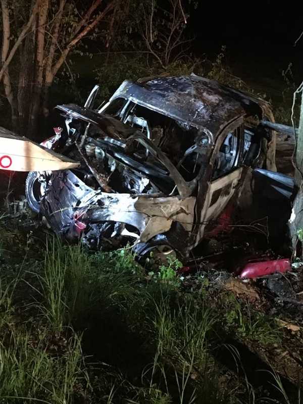 Car Hits Tree And Catches Fire In Weston