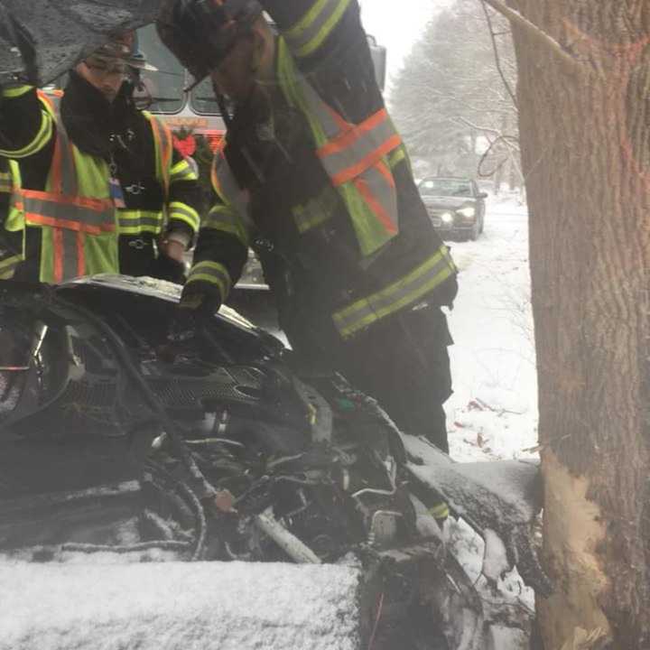 Monroe firefighters respond to a call of a car going off the road on Wheeler Road