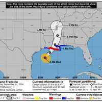 <p>A look at the projected track and timing for Hurricane Francine, which is expected to make landfall Wednesday night, Sept. 11.</p>