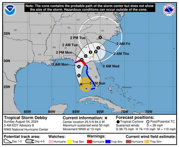 The latest projected track and timing for the tropical system through Friday, Aug. 9.
  
