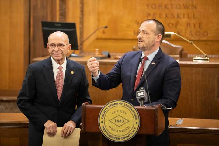 Acting County Executive Richard G. Wishnie (left) pictured with Westchester Board of Legislators Chair Vedat Gashi. 