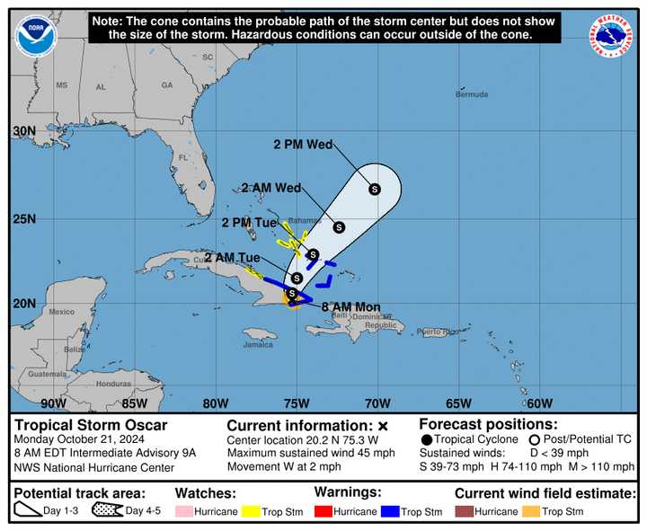 The projected path and timing for hurricane-turned-tropical storm Oscar.
  
