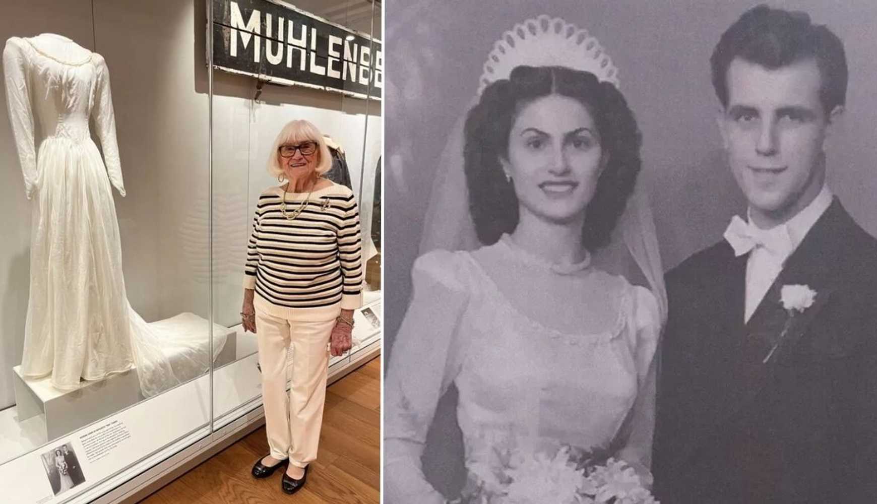 
Left: Toni Cilberti stands with her nylon parachute wedding dress, now housed at the National World War II Museum. Right: Toni with her husband Nicholas on their wedding day, Oct. 5, 1947.
