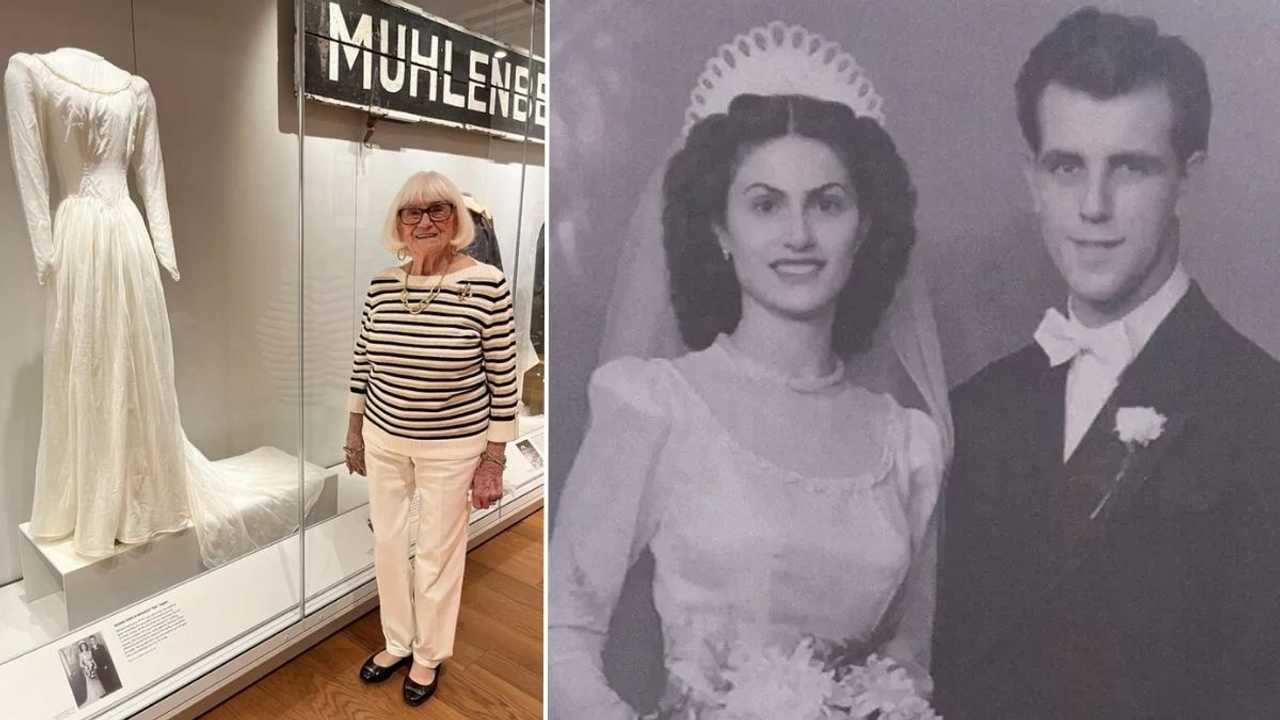 Left: Toni Cilberti stands with her nylon parachute wedding dress, now housed at the National World War II Museum. Right: Toni with her husband Nicholas on their wedding day, Oct. 5, 1947.