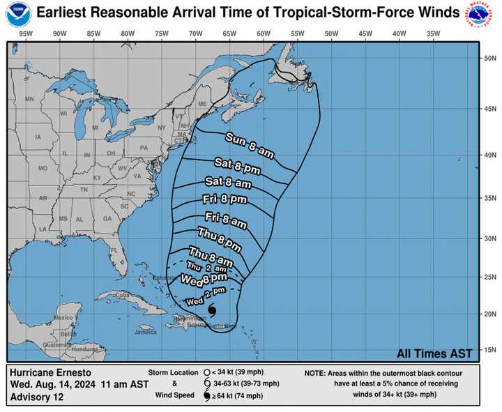 A look at Hurricane Ernesto's projected path through Sunday morning, Aug. 18.