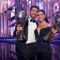 <p>Joey Graziadei and Jenna Johnson with their Mirrorball trophy after winning Season 33 of "DWTS."</p>