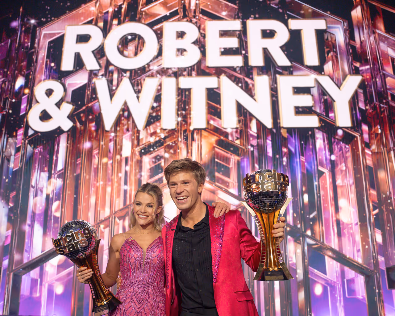 Witney Carson and Robert Irwin with the Mirrorball trophy. Witney Carson and Robert Irwin with the Mirrorball trophy.