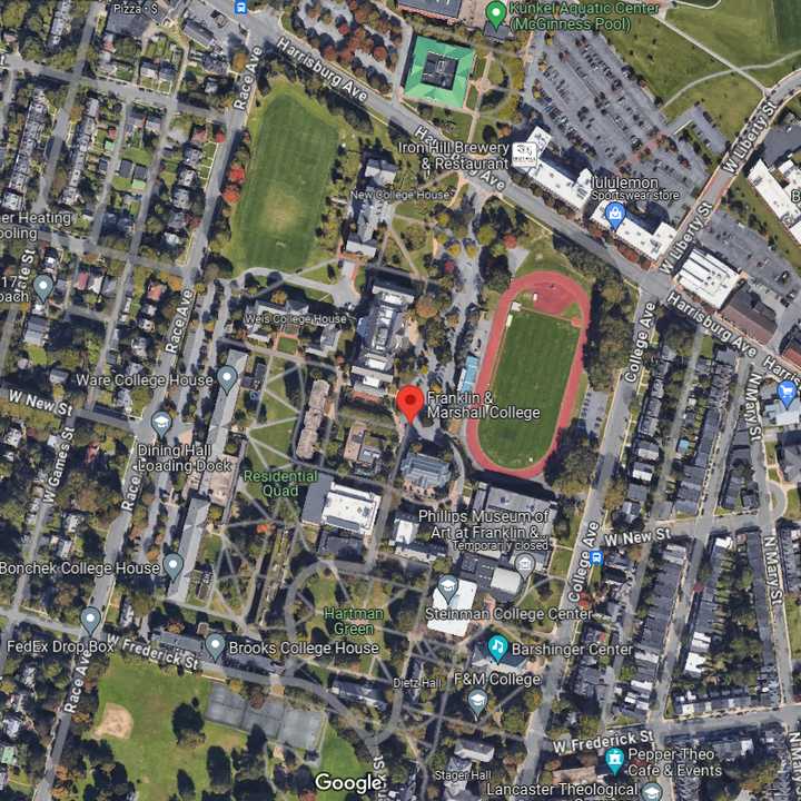 A map showing Franklin &amp; Marshall College where a bomb threat prompted an evacuation.&nbsp;