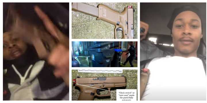 Kendrell Tyree Hall and the Glock 9mm pistol modified with a "glock switch" turning it into an automatic, which he pointed at Capitol City Police (center image), according to the DA.&nbsp;