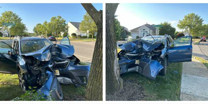 The scene of the&nbsp;blue 2020 Subaru&nbsp;Outback a tree.&nbsp;