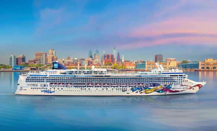 Norwegian Jewel with Cityscape of downtown skyline in Pennsylvania.