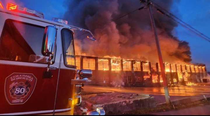 The scene of Columbia Borough Fire Department at the Tollbooth Antiques Warehouse fire.&nbsp;