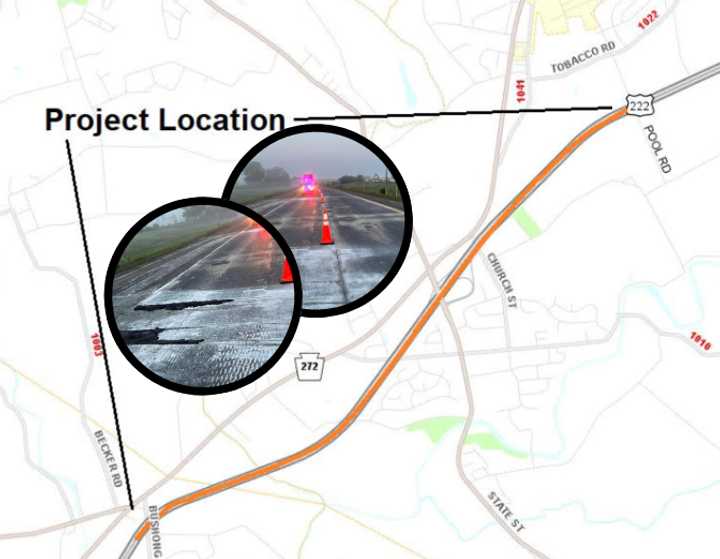 A map showing where the repair area of Rt 222 is and photos of the sinkholes that caused eight flat tires in one morning.&nbsp;