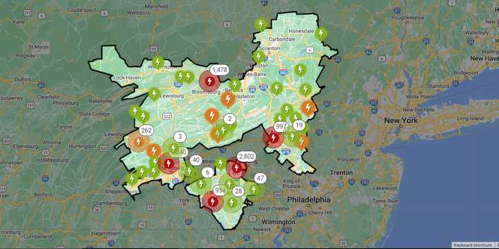 The PPL outage map as of 8:15 p.m. on Tuesday, Aug. 6. 