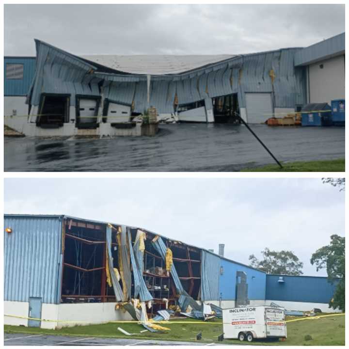 The warehouse with its side wall ripped off by high storm winds.&nbsp;&nbsp;