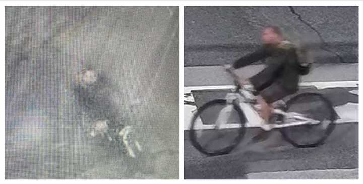 The bicyclist who police are searching for as a suspected arsonist.