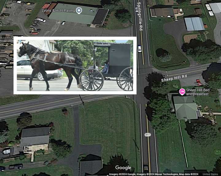 An Amish horse and buggy with a man and woman riding in it, and the intersection where the fatal crash happened. 