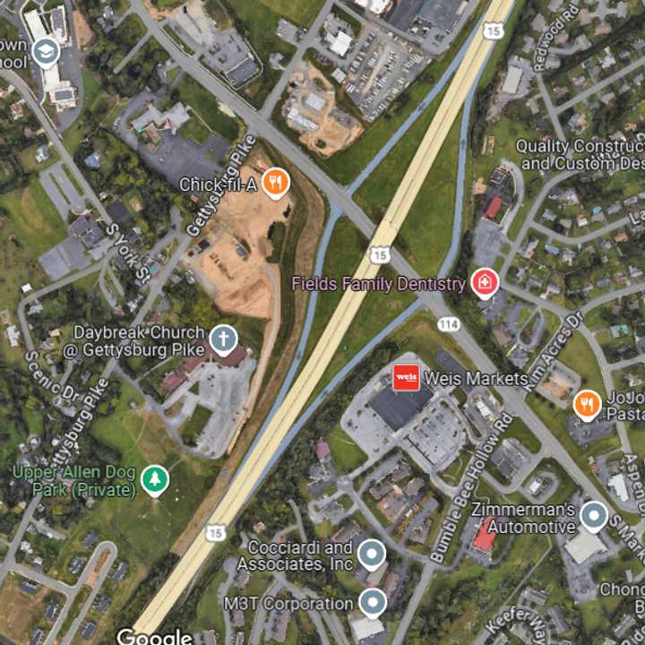 A map showing the area of&nbsp;South Market Street/Route 114 at the intersection with the ramps to Route 15 where a motorcyclist was struck dead.&nbsp;