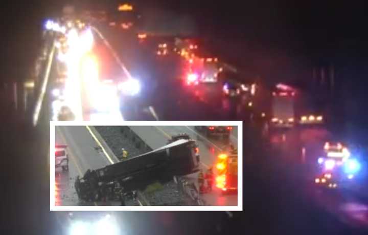 The scene of the rolled-over tractor-trailer in Pennsylvania.
  
