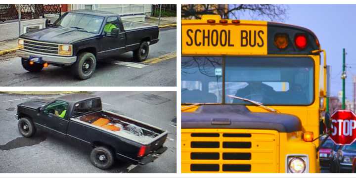 The pickup truck suspected of hitting a school bus and fleeing; a stock image of a school bus.