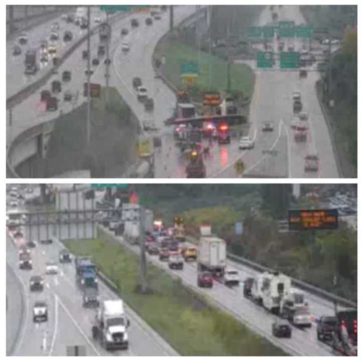 The overturned tractor-trailer on 283 North and the traffic delays it caused.&nbsp;&nbsp;