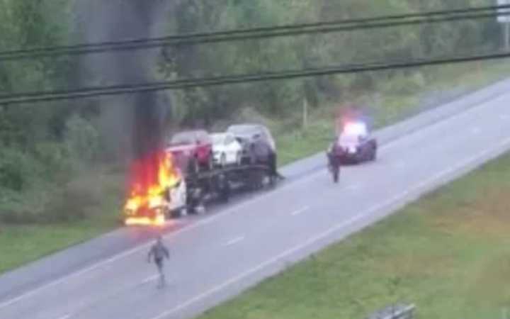 The car carrier tractor on fire.&nbsp;