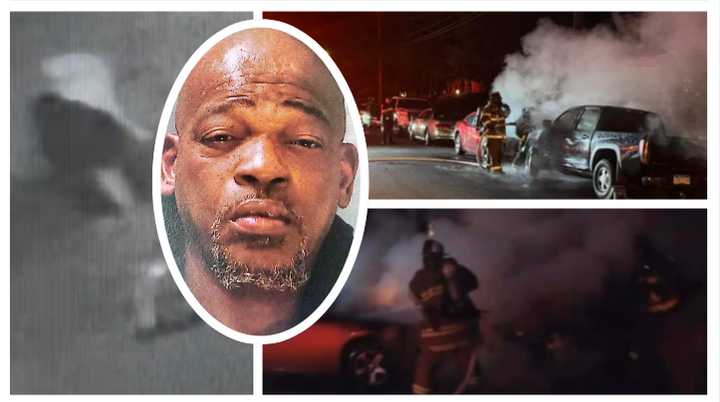 Andre Lamont Armstrong, the suspected arsonist (left), and the car set on fire.&nbsp;