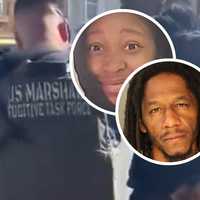 <p>Marvin Wicker being arrested by US Marshals, Dawn Watson who who is accused of killing in a hit-and-run, and Wicker's previous mugshot from his wanted poster. </p>